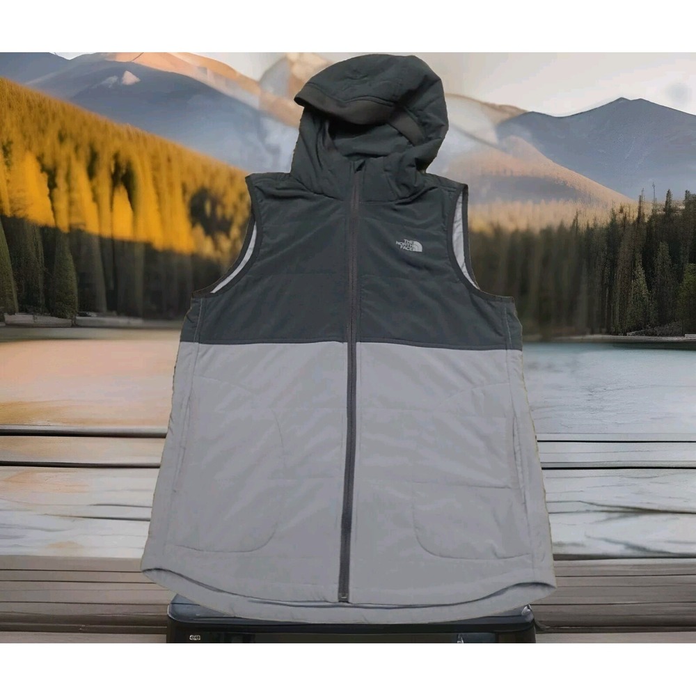 The North Face Puffer Vest Women Medium Grey Excellent Hooded Two-Tone Insulated